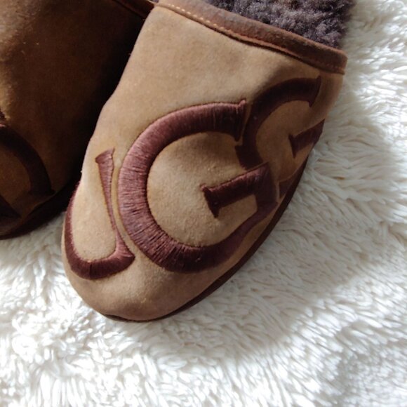 UGG SCUFF LOGO CHESTNUT ESPRESSO SUEDE SHEEPSKIN SLIP-ON SLIPPERS SIZE 9.5 - Picture 1 of 10
